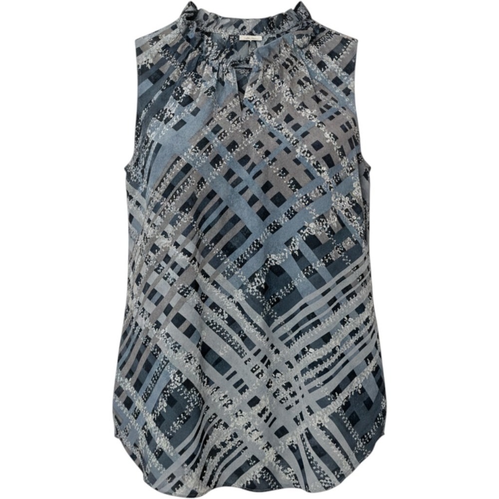 Cabi Women Medium Sleeveless Blouse Blue Grey Plaid Floral Ruffle 3451 Office